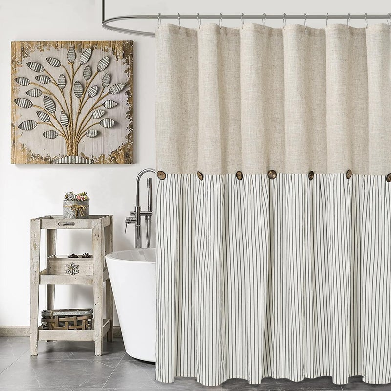 DOSLY IDÃ‰ES Farmhouse Shower Curtain,Beige and Gray Stripe,Button Curtain,Linen and Cotton Woven Fabric,Rustic Charm Country Chic Style,72x72 in - Image 1
